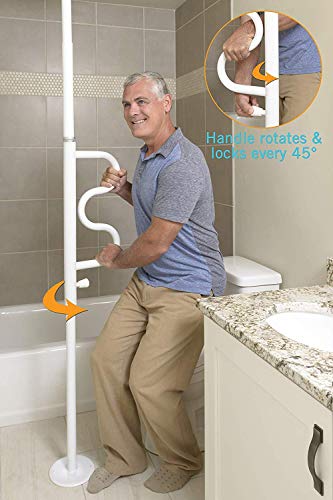 Stander Security Pole and Curve Grab Bar, Elderly Tension Mounted Floor Stander Security Pole and Curve Grab Bar, Elderly Tension Mounted Floor to Ceiling Transfer Pole, Bathroom Safety Assist and Stability Rail, Iceberg White.