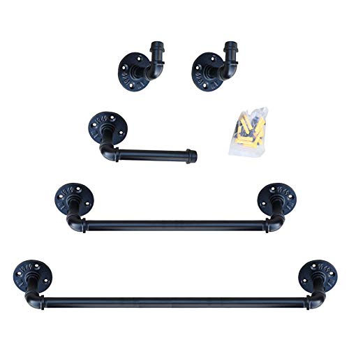 Industrial Pipe Bathroom Hardware Fixture Set - Bathroom Accessories Set - 5-Piece Kit Includes Robe Hook, 24 and 18 Inch Bath Pipe Towel Rack Bar and Toilet Paper Holder, Coated Finish