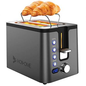 2 Slice Toaster, Hosome Stainless Steel Bread Toaster with 6 Browning Settings, Extra Wide Slot Toaster with Warming Rack,LED Display,Bagel/Defrost/Reheat/Cancel Function,800W, Ash Black