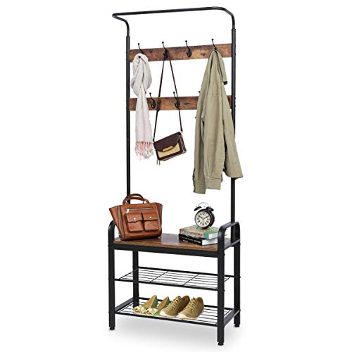 KINGSO Industrial Coat Rack, Hall Tree Entryway Coat Shoe Rack 3-Tier Shoe Bench 7 Hooks, Wood Look Accent Furniture with Stable Metal Frame Easy Assembly