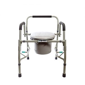 Healthline Deluxe 3 in 1 Bedside Commode, Toilet Safety Frame, Elevated Toilet Seat. Medical Steel Drop Arm Bedside Commode Chair Toilet Seat with Commode Bucket and Splash Guard, Padded Arms, Gray