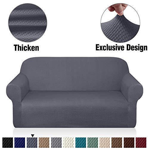 Granbest Thick Loveseat Sofa Covers for 2 Cushion Couch Stylish Pattern Couch Covers for Sofa Stretch Jacquard Sofa Slipcover for Living Room Dog Pet Furniture Protector (Medium, Gray)