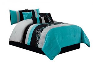 Chezmoi Collection Napa 7-Piece Luxury Leaves Scroll Embroidery Bedding Comforter Set (Queen, Teal/Gray/Black)
