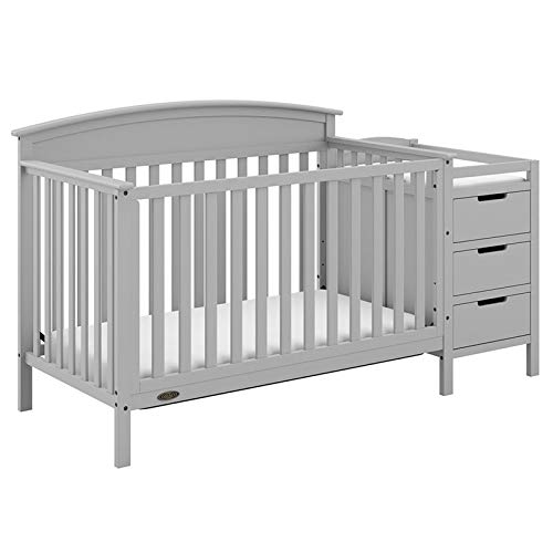 Graco Benton 4-in-1 Convertible Crib and Changer (Pebble Gray) – Attached Changing Table with Water-Resistant Changing Pad, Space-Saving Storage with 3 Drawers and 3 Open Shelves