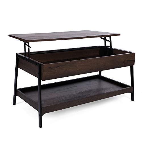 Sekey Home Lift Top Coffee Table, 2-Tier Cocktail Table with Hidden Storage for Living Room, Wood Look Accent Furniture,Smoky Oak