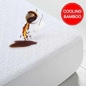 Premium Cooling Bamboo Waterproof Mattress Protector Queen Size 3D Air Fabric Ultra Soft Breathable Mattress Pad Cover Soft Smooth Comfort & Protection Phthalate & Vinyl-Free Noiseless (White, Queen)