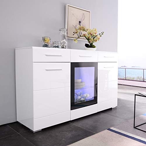 mecor LED Sideboard Cabinet Buffet, High Gloss Kitchen Sideboard and Storage Cabinet/TV Stand LED Dining Room Server Console Table Storage with 3 Door/2 Drawers White