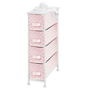 mDesign Narrow Vertical Dresser Drawers - Sturdy Steel Frame, Wood Top, 4 Easy Pull Fabric Bins - Organizer Unit for Child/Kids Room or Nursery - Polka Dot Pattern - Pink with White Dots