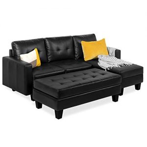 Best Choice Products 3-Seat L-Shape Tufted Faux Leather Sectional Sofa Couch Set w/Chaise Lounge, Ottoman Bench - Black