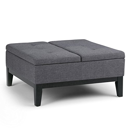 Simpli Home Dover 36 inch Wide Square Coffee Table Lift Top Storage Ottoman, Cocktail Footrest Stool in Upholstered Slate Grey Tufted Linen Look Fabric for the Living Room, Contemporary
