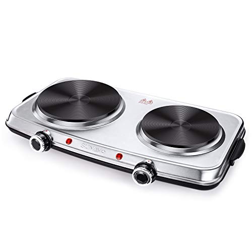 SUNAVO Hot Plates for Cooking, 1800W Electric Double Burner with Handles, 6 Power Levels Stainless Steel Hot Plate for Kitchen Camping RV Cast Iron