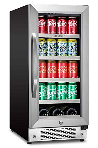 Beverage Refrigerator 15 inch Stainless Steel Shelf 88 Can and 3 Bottle Built-in or Freestanding for Soda Beer, Powerful Drink with Smart Control System and Double-Layer Glass Door