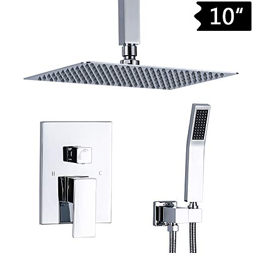 TNOMS Bathroom Luxury Rain Mixer Shower Combo Set Ceiling Chrome Shower Faucet Set with High Pressure 10" Rain Shower Head System Rough-in Valve Body Included,SB010P-A