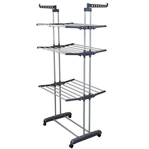 BONBON 3 Tier Clothes Drying Rack Folding Laundry Dryer Hanger Compact Storage Steel Indoor Outdoor (Gray/White)