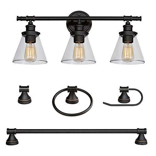 Parker 5-Piece All-in-One Bathroom Set, Oil Rubbed Bronze, 3-Light Vanity Light with Clear Glass Shades, Towel Bar, Towel Ring, Robe Hook, Toilet Paper Holder,50192