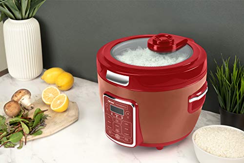 Aroma Professional Cool Touch Glass Lid, Food Steamer, Slow Cooker Aroma Professional ARC-1230R Cool Touch Glass Lid, Food Steamer, Slow Cooker, Multicooker with 11 Preset Functions, Steam Tray, Measuring Cup, Rice Spatula, 20 Cooked, Red.