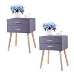 End Table Set of 2 with 2 Drawers Solid Wood, Mid Century Nightstand for Bedroom, Modern Bedside Table with 4 Wooden Legs, 17.7L x 13.8W x 23.6H, Grey
