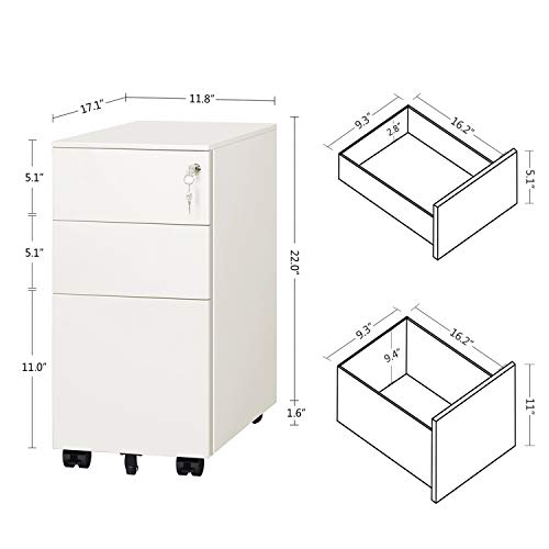 DEVAISE 3 Drawer Mobile File Cabinet with Lock DEVAISE 3 Drawer Mobile File Cabinet with Lock, Narrow Metal Filing Cabinet for Legal/Letter/A4 Size, Fully Assembled Except Wheels, White.