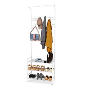 alvorog Entryway Coat Rack Shoe Bench, 3-in-1 Hall Tree, 3-Tier Storage Shelves with 16 Hooks Multifunctional Hallway Organizer, Easy Assembly (White)