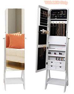 KEDLAN Jewelry Cabinet White Standing LED Mirrored Large Capacity Organizer in Living Room