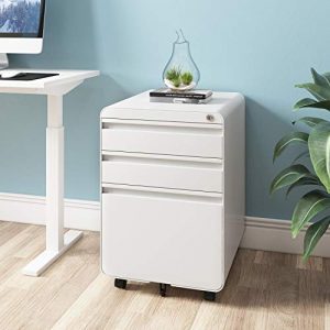 Dprodo 3 Drawers Mobile File Cabinet with Lock, Metal Filing Cabinet for Legal & Letter Size, Fully Assembled Locking File Cabinet for Home & Office,White