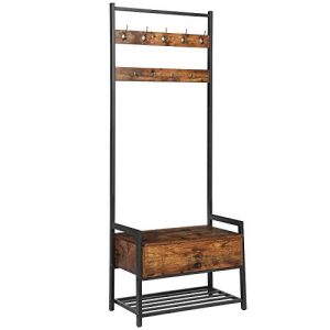 HOOBRO Coat Rack with Storage Cabinet, Hall Tree Entryway Organizer Storage Bench, Free Standing Wood Accent with Metal Hooks and Frame, Easy Assembly, Industrial Design, Rustic Brown BF06MT01