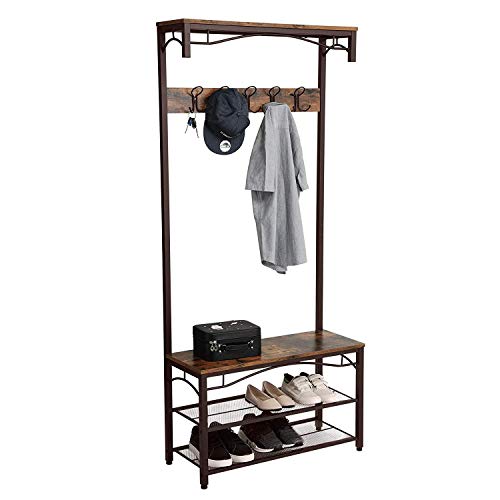 Metal and MDF Coat Rack with Wooden Bench - Effortless Home Organization in Your Entryway As a delighted user of the HomeRoots Metal and MDF Coat Rack with Wooden Bench, I've discovered the perfect solution for keeping my entryway organized. This corridor tree not only features a built-in wooden bench but also offers two spacious wire mesh shelves and five dual hooks. It's a one-stop solution for storing coats, hats, and shoes conveniently. The durable combination of metal and MDF ensures lasting sturdiness, making it a reliable and stylish addition to my home.