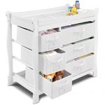 Costzon Baby Changing Table, Infant Diaper Changing Table Organization, Newborn Nursery Station with Pad, Sleigh Style Nursery Dresser Changing Table with Hamper/ 6 Baskets (White)