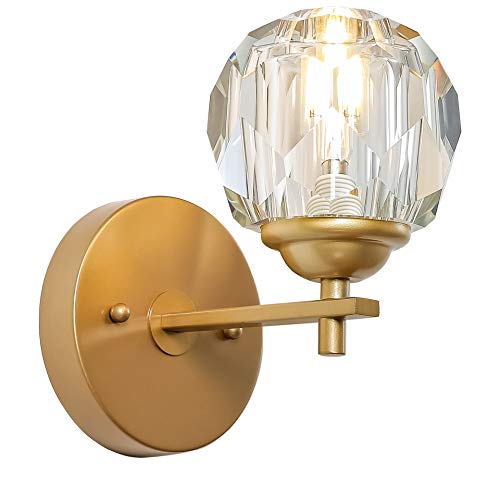 Loclgpm Modern Gold Crystal Wall Sconce, 1 Light Wall Light Fixture with Polished Clear Glass Shade, Hardwired Wall Lamp for Bedroom, Living Room, Hallway, Bedside, Bathroom, Hotel Indoor Decor