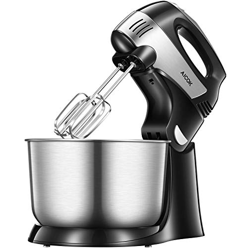 Hand Mixer Stand Mixer 2 in 1 Electric Mixer with 3.7 Quarts Bowls, 5 Speeds with Turbo Function Include Dough Hooks & Mixer Beaters, 250 Watt, Stainless Steel
