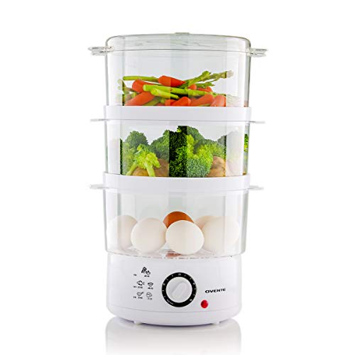 Ovente Electric Food Steamer 7.5 Quart with BPA-Free 3 Tiers Stackable Baskets for Vegetable and Food, 400 Watts Steamer with 60 Minute Timers, Easy to Clean and Compact, White (FS53W)