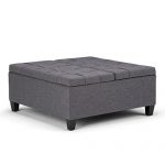 Simpli Home Harrison 36 inch Wide Square Coffee Table Lift Top Storage Ottoman, Cocktail Footrest Stool in Upholstered Slate Grey Tufted Linen Look Fabric for the Living Room, Traditional