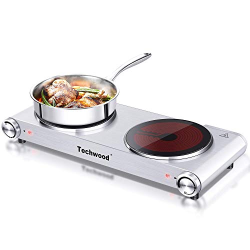 Techwood Electric Hot Plate Stove Countertop Double Burner Infrared Ceramic Double Cooktop 1800W With Adjustable Temperature Control Brushed Stainless Steel Easy To Clean Upgraded Version