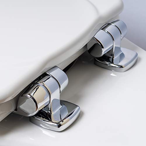 MAYFAIR Toilet Seat with Chrome Hinges will Slow Close and Never Come Loose MAYFAIR 1830CHSL 000 Toilet Seat with Chrome Hinges will Slow Close and Never Come Loose, ELONGATED, Durable Enameled Wood, White.