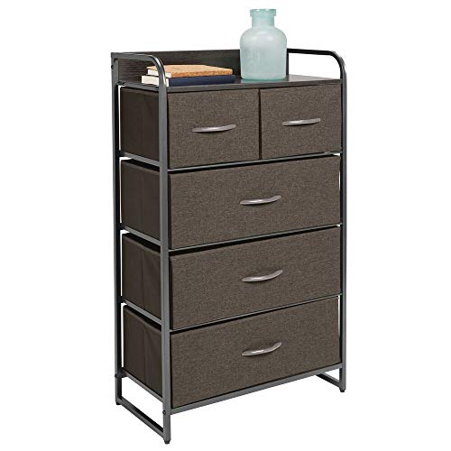 mDesign Tall Dresser Storage Chest, Sturdy Steel Frame, Wood Top & Handles, Easy Pull Fabric Bins - Organizer Unit for Bedroom, Hallway, Closet, Textured Print, 5 Drawers - Charcoal Gray/Graphite Gray