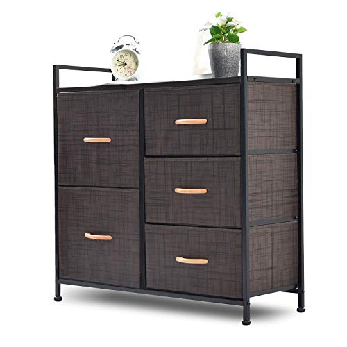 NSdirect Dresser Organizer with 5 Drawers - Wide Fabric Dresser Tower Storage for Bedroom, Closets, Hallway, Entryway, Storage Dresser with Sturdy Steel Frame&Wood Top&Wood Handles