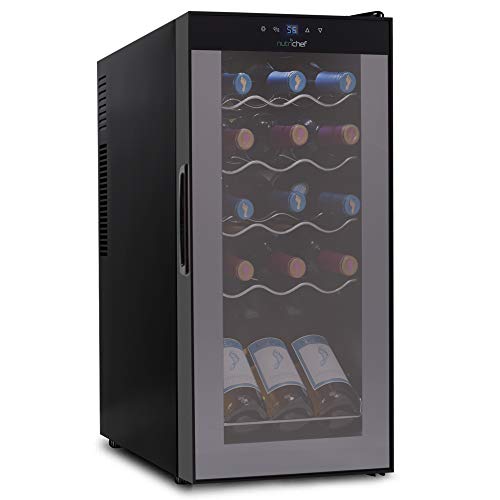 15 Bottle Wine Cooler Refrigerator - White & Red Wine Fridge Chiller Countertop Wine Cooler - Freestanding Compact Mini Wine Fridge 15 Bottle Capacity, Digital Control, Glass Door - NutriChef PKCWC150