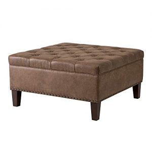 Madison Park Square Tufted Large Faux Leather, All Foam, Wood Frame Brown Cocktail Ottoman Modern Design Coffee Table for Living Room