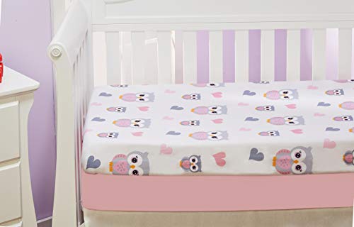 EVERYDAY KIDS 2 Pack Fitted Girls Crib Sheet, 100% Soft Microfiber, Breathable and Hypoallergenic Baby Sheet, Fits Standard Size Crib Mattress 28in x 52in, Nursery Sheet - Sweet Owls/Pink