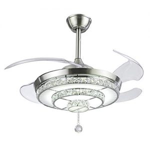 KALRI Modern 42'' Crystal Chandelier Ceiling Fan for Living Room Bedroom with LED Light Kit and Remote Control Invisible Ceiling Fan Light, Three Color Changing, Silver
