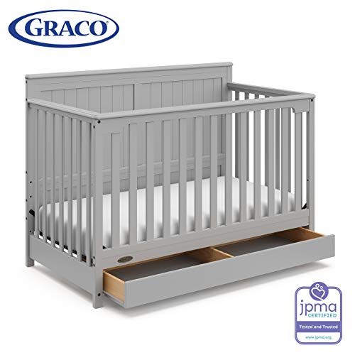 Graco Hadley 4-in-1 Convertible Crib with Drawer,Pebble Gray,Easily Converts to Toddler Bed Day Bed or Full Bed,Three Position Adjustable Height Mattress,Some Assembly Required (Mattress Not Included)