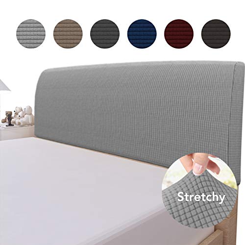 Easy-Going Stretch Bed Headboard Slipcover,Small Square Jacquard Bed Head Cover, Dustproof Protector Cover for Bedroom Decor (Queen,Light Gray)