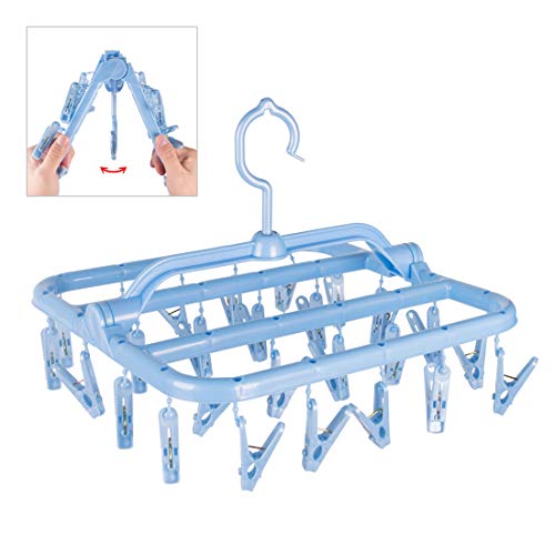 Annaklin Foldable Clip Hangers with 26 Drying Clips, Underwear Hanger with Clips, Plastic Laundry Clip and Drip Drying Hanger for Socks, Bras, Lingerie, Clothes, Sturdy, Blue