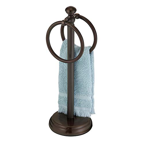 mDesign Decorative Metal Fingertip Towel Holder Stand for Bathroom Vanity Countertops to Display and Store Small Guest Towels or Washcloths - 2 Hanging Rings, 14.25" High - Bronze