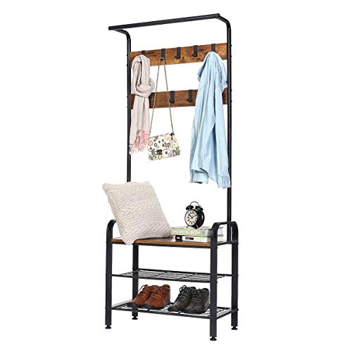 KINGSO Hall Tree 9 Hooks, Industrial Coat Rack Shoe Bench Entryway Coat Shoe Rack 3-Tier Shoe Bench, 3 in 1 Design Wood Look Accent Furniture with Stable Metal Frame Easy Assembly