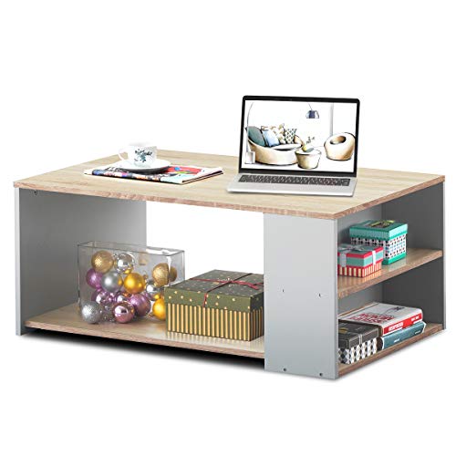 Giantex Coffee Table W/Three Storage Shelf, Sturdy and Durable Construction, Smooth Surface & Extra Storage Space, Ideal for Office and Living Room Tea Snack Table (Natural)