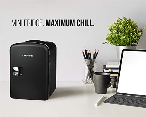 Chefman Mini Portable Compact Personal Fridge Cools and Heats Chefman Mini Portable Compact Personal Fridge Cools &amp; Heats, 4 Liter Capacity Chills Six 12 oz Cans, 100% Freon-Free &amp; Eco Friendly, Includes Plugs for Home Outlet &amp; 12V Car Charger, Black.