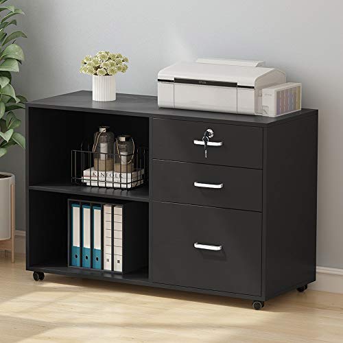Tribesigns 3 Drawer Wood File Cabinets with Lock, Large Modern Lateral Mobile Filing Cabinets Printer Stand with Wheels, Open Storage Shelves for Home Office(Black with Lock)