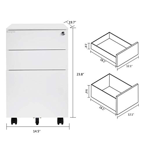 Bonnlo 3 Drawer Metal Mobile File Cabinet with Lock Rolling Steel Bonnlo 3 Drawer Metal Mobile File Cabinet with Lock Rolling Steel Office Cabinet with Drawers, Fully Assembled Except Casters, White.