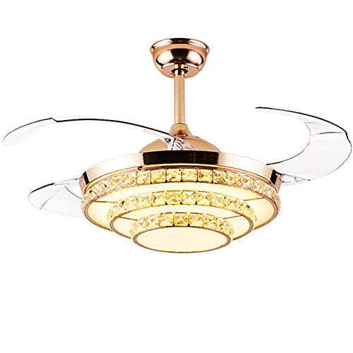 Fandian 42” Luxury Crystal Ceiling Fan with LED Light 4 Retractable Blades 3 Color Changes Chandelier Fixtures, Silent Motor with Remote Control for Living room, Bedroom, Dining Room (Gold)